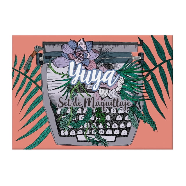 Ensemble de Maquillage « Maquinita » par Republic Cosmetics, Présentant un design d'Emballage vibrant avec une illustration de Machine à Écrire vintage Entourée d'Accentures Florales et Feuillues sur un Fond Corail. Partie de la collection Yuya, Cet Ensemble Comprend des Couleurs Soigneusement Sélectionnées pour un Style de Maquillage Complet.