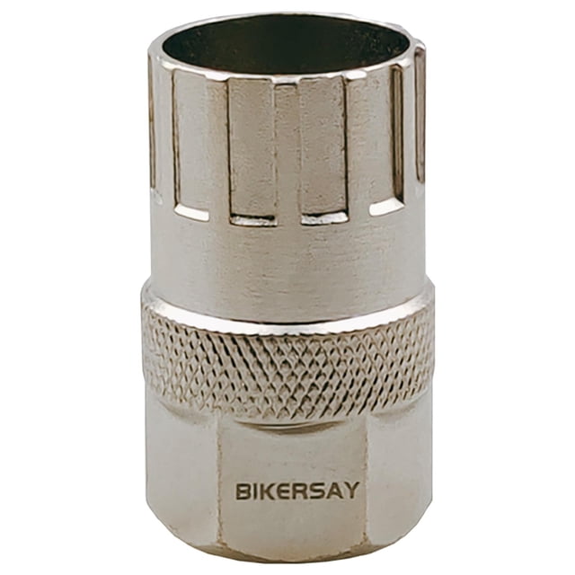 Bike Freewheel Tool, 6 7 Freewheel, Removal Repair Tool Bike Flywheel Remover for Bike, Rotary Multi. A steel freewheel removal tool with a cylindrical design featuring knurled grip and grooved edges for secure handling. Dimensions: 24x24x41mm. Suitable for mountain and road bikes, ideal for drivetrain maintenance, cycling accessories, and flywheel removal.