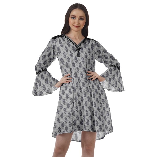Moomaya Robes Mini Imprimées à Col en V pour Femmes Manches à Volants Robes de Plage pour Femmes