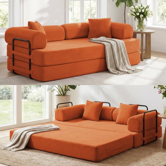 Mjkone Canapé-lit Convertible 79 Po (200 cm), Matelas de Sol Pliable en Velours Côtelé, Canapé-Lit Futon Sans Dossier pour Salon, Orange