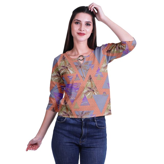 Moomaya Printed Keyhole Neck Ring Top Casual 3/4th Sleeve Tees Tank Tunic Top