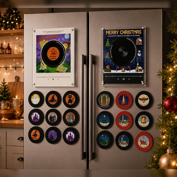 Lecteur de Musique Magnétique pour Réfrigérateur de Noël avec 9 Disques Vinyle NFC