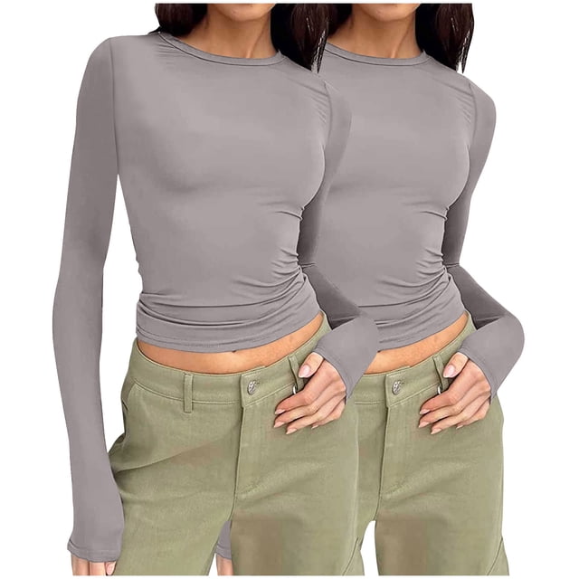 Frostluinai 2 Pack Y2K Shirts for Women Long Sleeve Ruched Tops Crew Neck Workout T Shirts Solid Color Slim Fit Blouses Soft Crop Tees