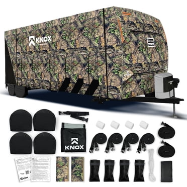 KNOX 3rd Gen Camouflage Travel Trailer Cover, Anti-Tear 600D Oxford Fabric, Fits Motorhome RV, Toy Hauler, Campers - Includes Wheel, Ladder & Gutter Covers, Night Glow Logo, Size 22-24 ft