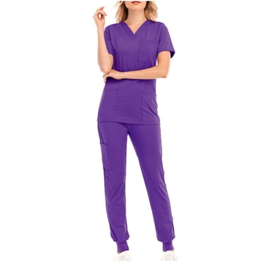 fheaev Nursing Uniform Set for Women Scrubs Set Medical Scrubs V-Neck Top with Pocket Jogger Pants Athletic Nursing Uniform Solid Stretch Wicking And Easy To Care