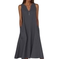 thumbnail image 1 of Ohufall Robe Femme en Coton et Lin à Col en V Sans Manches Décontractée Robe Débardeur Unie Confortable avec Poches Robe Midi d'Été Chic, 1 of 5