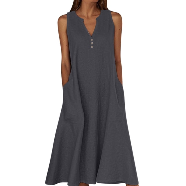 Ohufall Robe Femme en Coton et Lin à Col en V Sans Manches Décontractée Robe Débardeur Unie Confortable avec Poches Robe Midi d'Été Chic