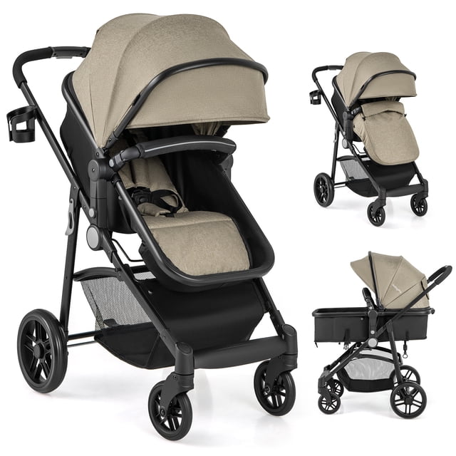 Babyjoy 2 in 1 Foldable Baby Stroller Kids Travel Newborn Infant Buggy Pushchair 22 lbs Coffee front-facing view of a coffee-colored foldable pushchair with multi-position recline and wide seat base, five-point harness, removable foot cover, fully adjustable canopy and lower storage basket; aluminum frame, breathable Oxford cover and unit weight 22 lbs for travel.