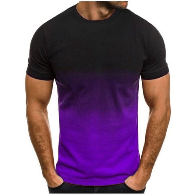 Mens Slim T-Shirt Contrast Color Tee Gradient Short-Sleeve Summer Tops Crewneck Casual Shirts Workout Tshirts