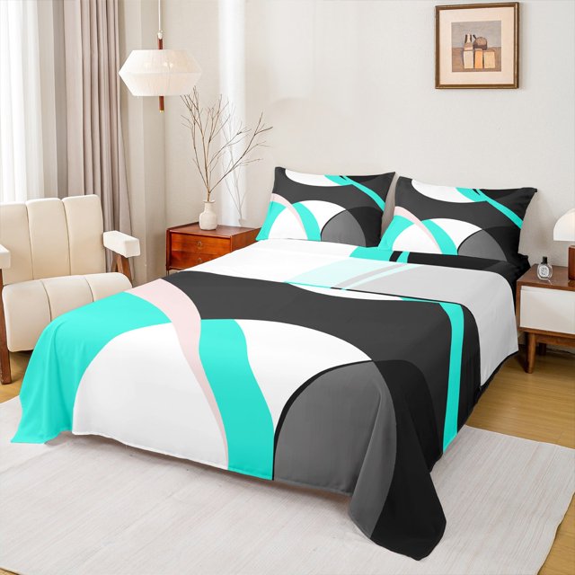 Erosebridal Cyab Black Geometic King Sheet Sets,Abstract Geometry Bedding King Size,Circle Round Bed Sheets Set King Size,Lightweight Room Decor,4-Piece