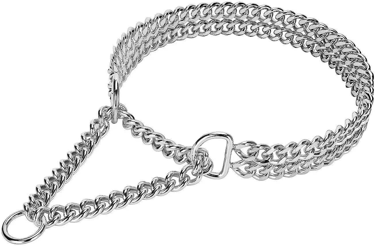 GHSDFBB Silver Dog Chain Collar Stainless Steel Silver Dog Collar Adjustable Walking, Metal Cuban Link Dog Collar Chew Proof Double Row Chain Dog Collar for Large Small Medium Dogs