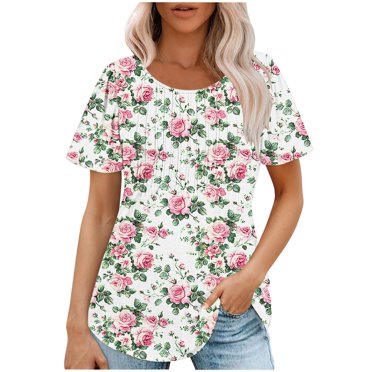 RKSTN Hauts pour Femmes Été Mode Manches Courtes Col Rond Pull Blouses Décontractées Ample Grande Taille Imprimé Floral Polyvalent