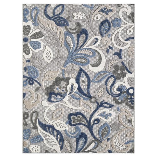 HomeRoots 473672 3 x 5 ft. Jacobean Floral Indoor Outdoor Rectangle Area Rug, Blue & Grey