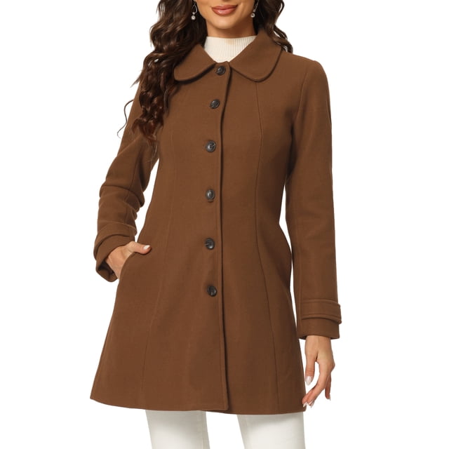 INSPIRE CHIC Manteau Long d'Hiver pour Femme à Col Peter Pan, à Simple Boutonnage, Brun Uni, P