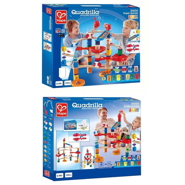 Hape Quadrilla Super Spirals Set wooden marble run construction toy with 129 pieces featuring spirals, see-saws, and control blocks in natural wood and primary colours, shown on packaging with children assembling and playing, suitable for developing spatial and problem-solving skills.