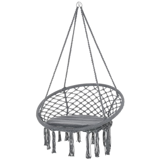 Outsunny Patio Hammock Chair, Hanging Rope Hammock Swing for Indoor & Outdoor Use with Backrest, Cotton-Polyester Blend, Fringe Tassels, Dark Grey