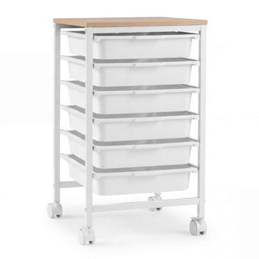 Costway 6-Drawer Arts Rolling Storage Cart with Wooden Tabletop & Lockable Wheels for Office Natural + White