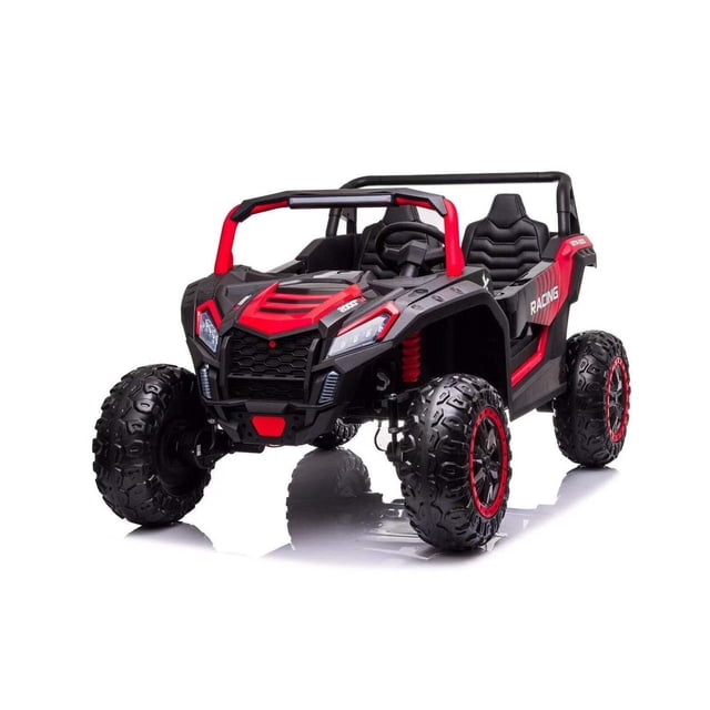 XXL Dune Buggy 24V 2 Seater Kids Ride On Car 4x4 with Remote Control, shown in a bold black and red design with EVA rubber tires and side-opening doors. Features include adjustable seats, LED lights, MP3/AUX/USB/SD inputs, Bluetooth, and built-in music. Suitable for kids aged 3-7 years or one child up to 9 years, with a weight limit of 132 lbs. Designed for grass, road, and gravel terrains, offering forward, backward, and directional movement. Dimensions: 54 x 38 x 32 inches.