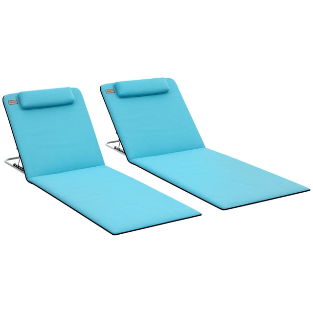 Outsunny 2 Pcs Chaise Longue de Plage Pliante avec Oreiller, Bleu. Cet Ensemble Comprend Deux Chaises Longues de Plage Pliables avec un Tissu PE Bleu vibrant et un Cadre en Acier Solide Enduit de Poudre. Chaque Chaise Présente un Dossier Inclinable à 5 Niveaux et un Oreiller Intégré pour un Confort Accru. la Conception Légère et le Sac de Transport Inclus les Rendent Portatives et Faciles à Ranger. Idéal pour Se Détendre à la Plage, au Bord de la Piscine Ou dans les Cours Arrière.