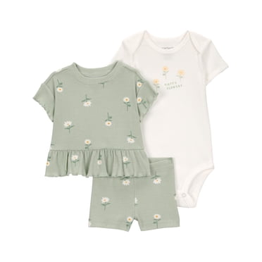 Ensemble 3 pièces pour bébé fille Carter's Child of Mine, motif marguerites vertes.