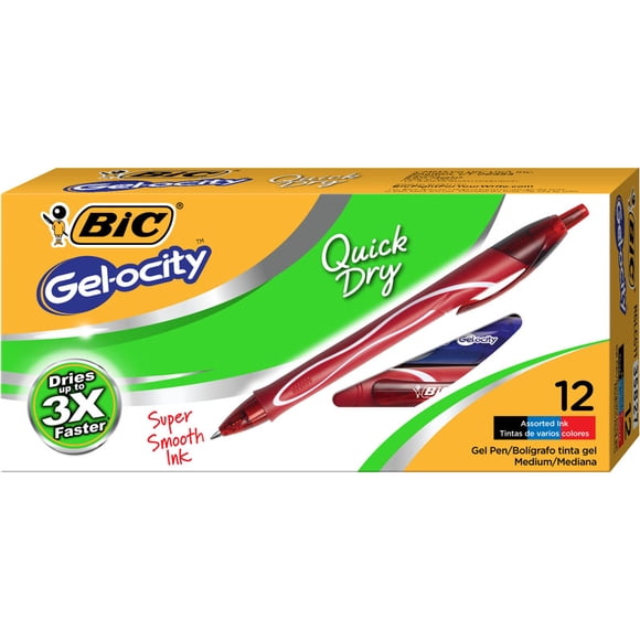 BIC Stylos Gel Rétractables Gel-ocity® à Séchage Rapide, Pointe Moyenne, 0,7 mm, Couleurs d'Encre Assorties, Lot de 12