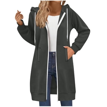 aohooy Fleece Long Hoodies for Women Zip Up Drawstring Casual Jacket Fall Tunic Coats Oversized Hooded Sweatshirt with Pockets 2025 Dark Gray,M