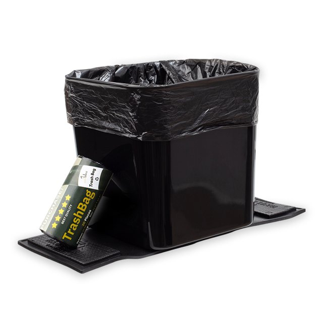 Haussimple Car Trash Can Garbage Bin, a compact and waterproof wastebasket designed for vehicles. The black bin features a leakproof liner and comes with a roll of trash bags. It is shown on a textured base with hook-and-loop fasteners for stability, ideal for keeping car interiors clean and organized.