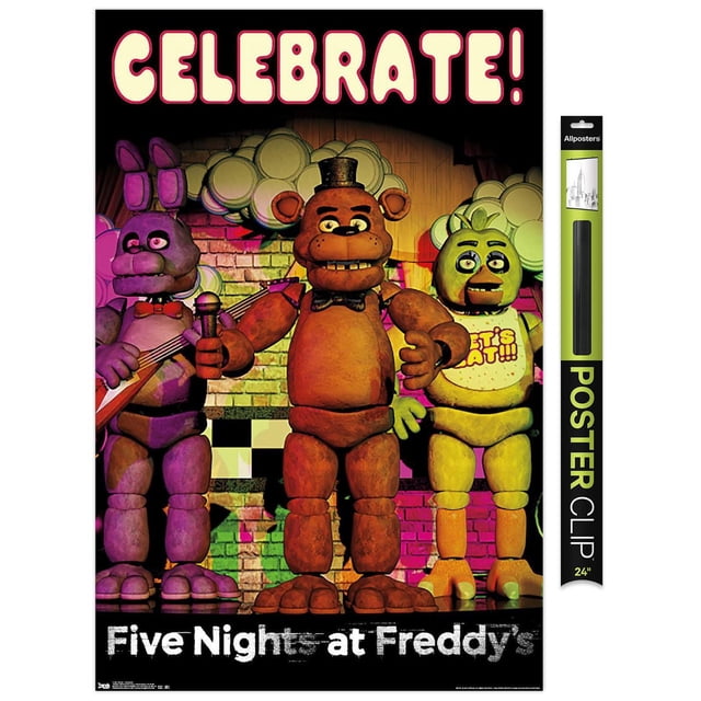 Five Nights at Freddy's - Affiche Murale Célébrer Mettant en Vedette Trois Personnages Animatroniques sur une Scène avec un Mur de Briques et des Décorations de Ballons, le Mot Célébrer! en Grandes Lettres au-Dessus, et le Titre du Jeu au Bas, Imprimé sur Papier Brillant avec Supports Adhésifs pour une Suspension Facile.