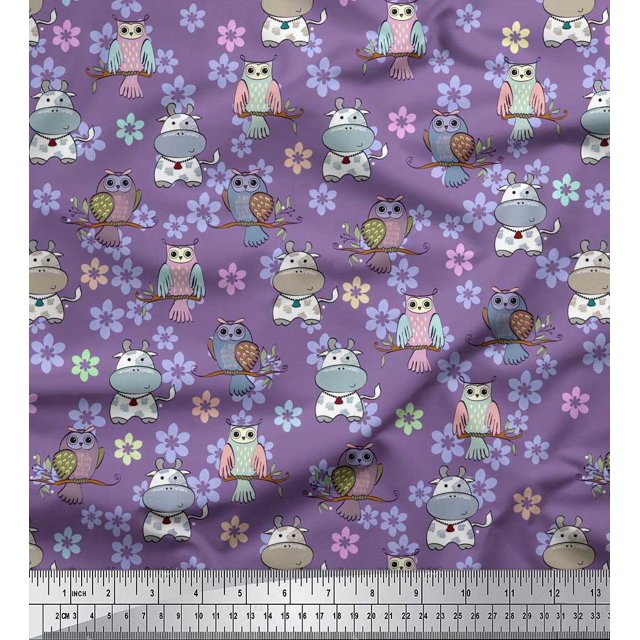 Soimoi Polyester Crepe Fabric Floral,Owl & Cow Cartoon Decor Fabric Printed Yard 52 Inch Wide
