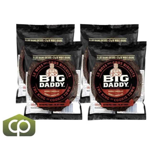 Big Daddy Double Chocolate Cookies, 8 × 100 g - Rich Indulgence, shown in a set of four packs. Each pack contains eight individually wrapped cookies, offering a rich chocolate flavor and 6 grams of protein per cookie. These chocolate chip cookies are ideal for on-the-go snacking, sharing, or enjoying at home, with packaging that ensures freshness and portability.