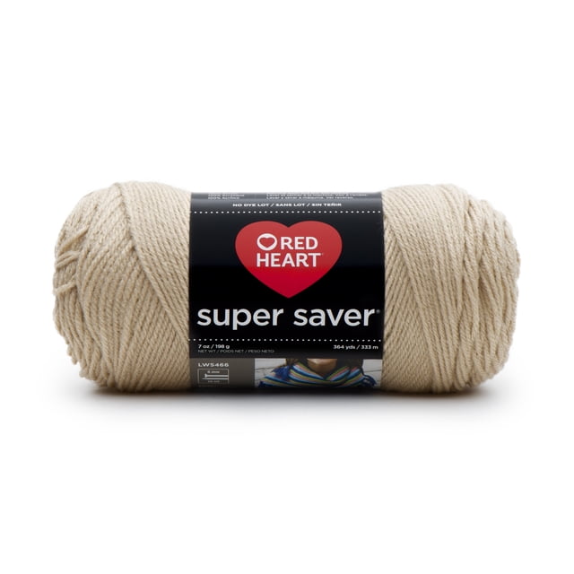 Red Heart® Super Saver® Yarn, Solid, Acrylic #4 Medium, 7oz/198g, 364 Yards, beige worsted weight acrylic yarn skein with black label featuring the Red Heart logo, suitable for knitting and crocheting, machine washable and durable for lasting projects.