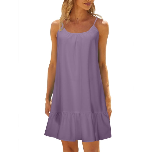 Women Beach Dress Solid Color Sleeveless Backless Camisole Beach Mini