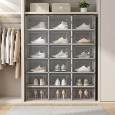 SONGMICS Boîtes à Chaussures, Lot de 18 Organisateurs Empilables pour Rangement de Chaussures, Pliables et Polyvalents pour Espadrilles, Conviennent jusqu'à la Pointure UK 11, Transparent et Gris LSP006G18