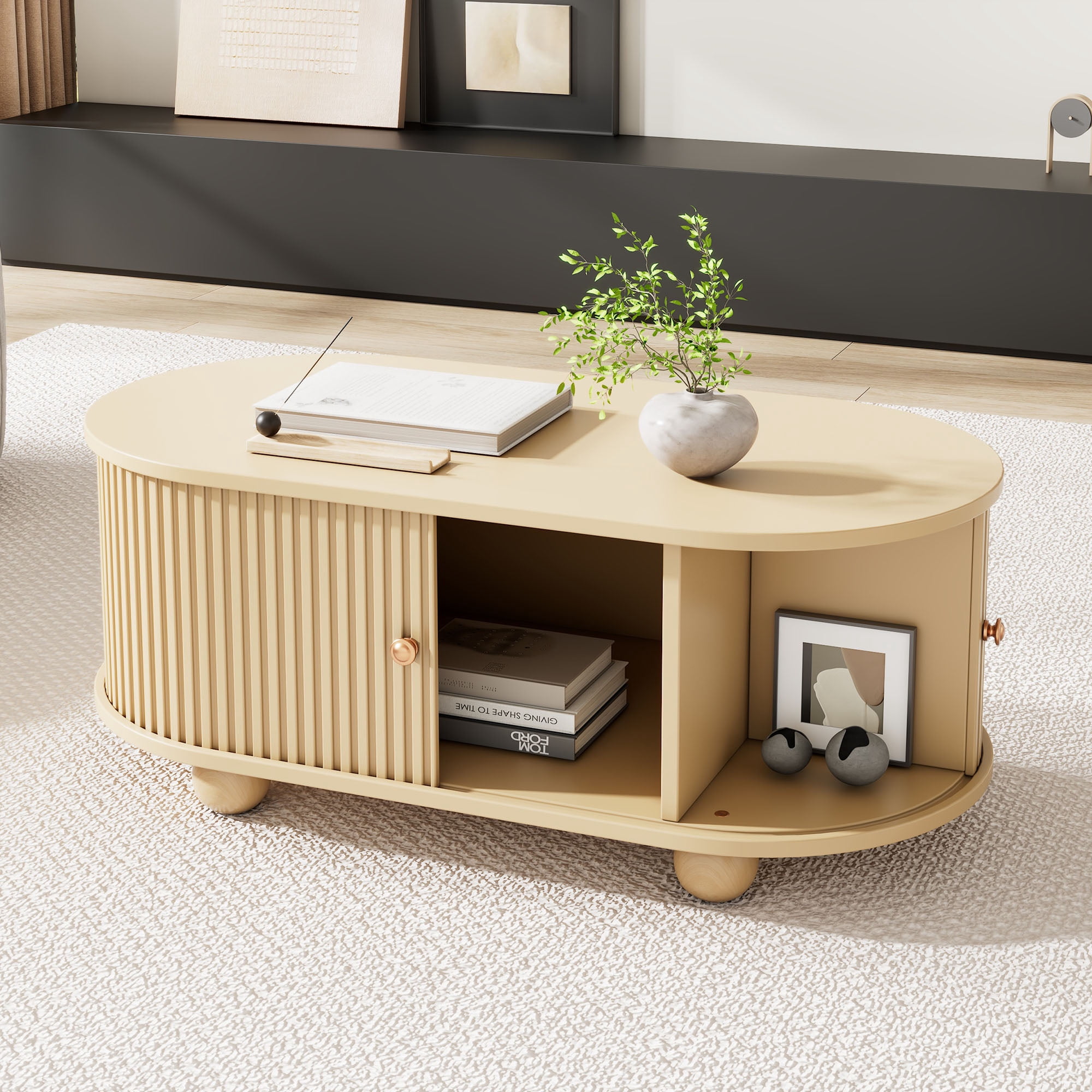 Noble House Oval Coffee Table with 2 Sliding Doors & Rounded Corners ...