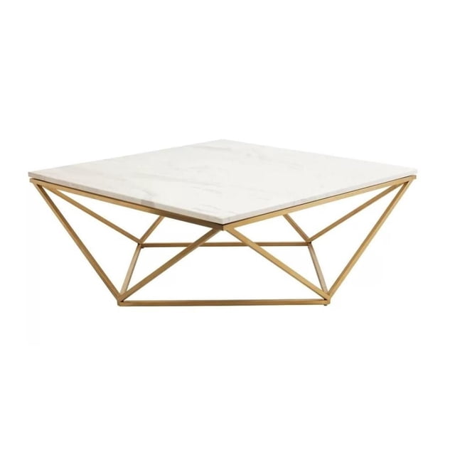 Beene Modern Coffee Table with Faux Marble Top and Stainless Metal Frame in Gold featuring a square white faux marble top and a brushed gold stainless steel triangular base, designed for modern living rooms and suitable for commercial or residential projects.
