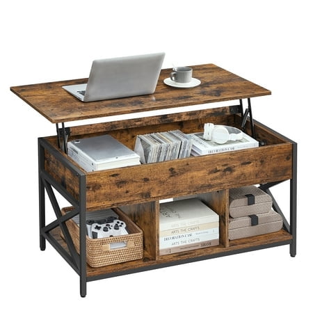 Lift Top Coffee Table for Living Room, Industrial Coffee Table with Hidden Compartments and Storage Shelf, 19.7 x 39.4 x (19.3-24.4) Inches, Rustic Brown and Black