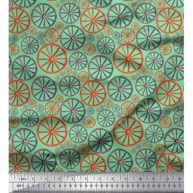 Soimoi Green Georgette Viscose Fabric Wheel Ethnic Printed Fabric 1 Yard 42 Inch Wide
