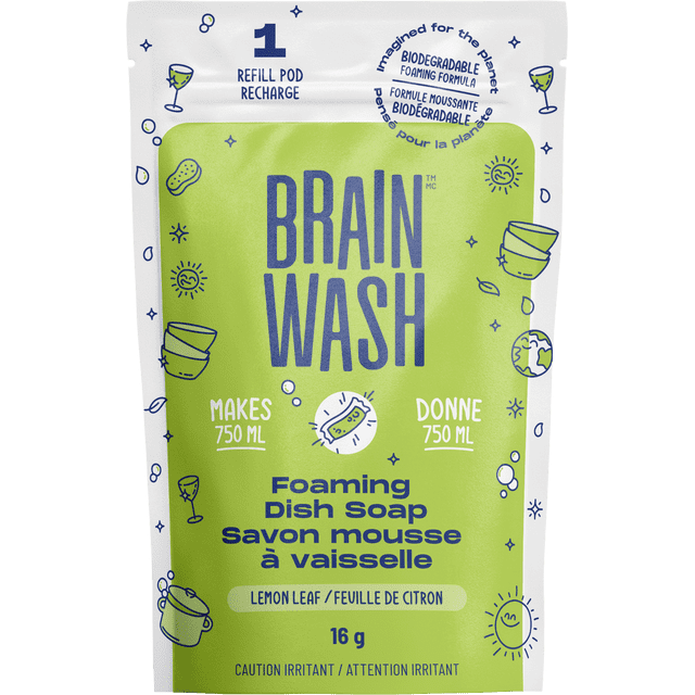 Recharge de Savon Moussant pour Vaisselle en Forme de Capsule Feuille de Citron dans une Pochette Verte et Blanche avec Texte Bleu, Produisant 750 ml de Détergent Moussant Biodégradable pour Vaisselle, avec Texte Bilingue Anglais et Français, Poids de Capsule de 16 g, et de Petites illustrations de Vaisselle et de Bulles Mettant l'Accent sur une Utilisation Écoresponsable.