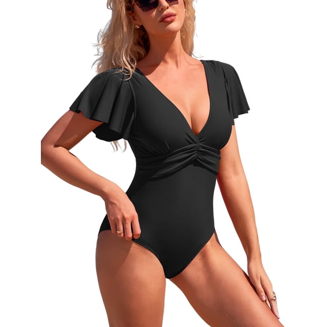 Charmo Ruched One Piece Swimsuits for Womens Cut Out Ruffle Bathing Suit Tummy Control Swimsuit