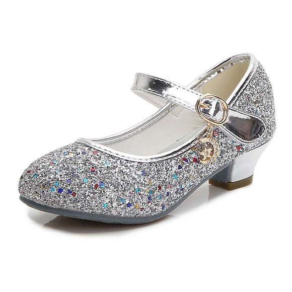 LOVZFMLL Girl's Dress Shoes Sparkly Classic Mary Jane Glitter Low Heels Wedding Party Princess Shoes for Toddler Kids Silver 6.5-7 Years