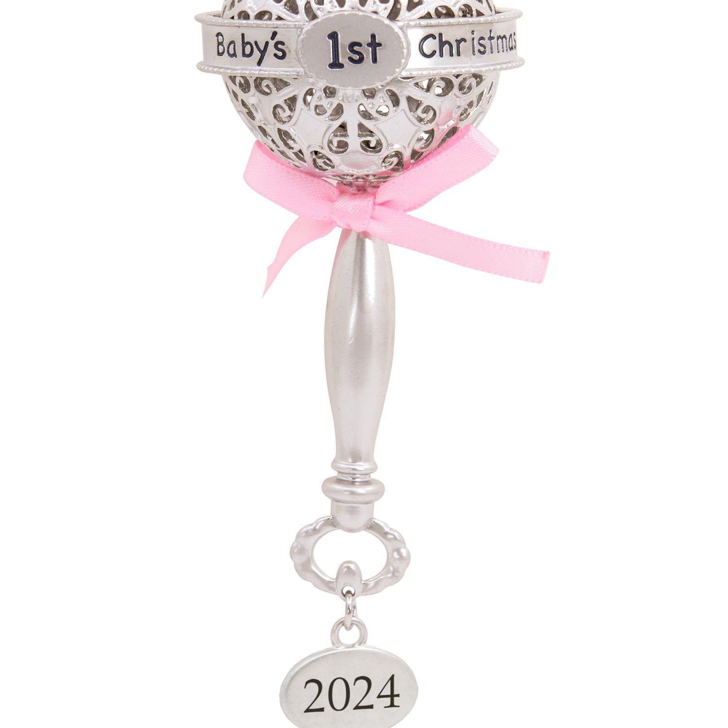 Décoration Hallmark de Noël (Hochet argenté décoré d'un ruban rose « Baby's 1st Christmas 2024 », décoration métallique haut de gamme)