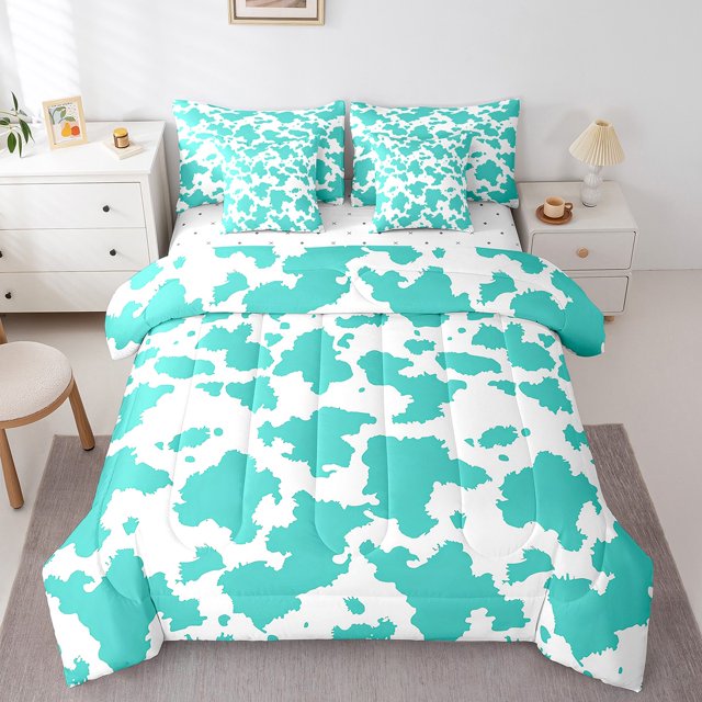 YST Teal Cowhide Comforter Set, Full Size, 7-Piece, Teal, Cow Print, Bedding Set, Full
