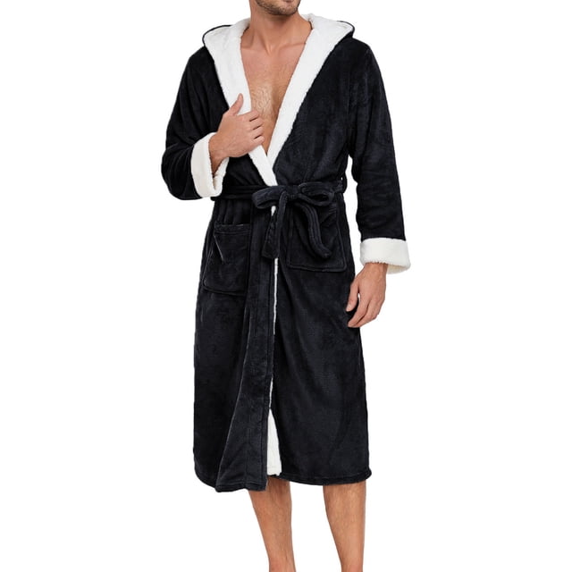 Penkiiy Mens Hooded Robe Plush Fleece, Soft Fluffy House Coat Lounge Robe Full Length Bathrobes with Pockets S Black