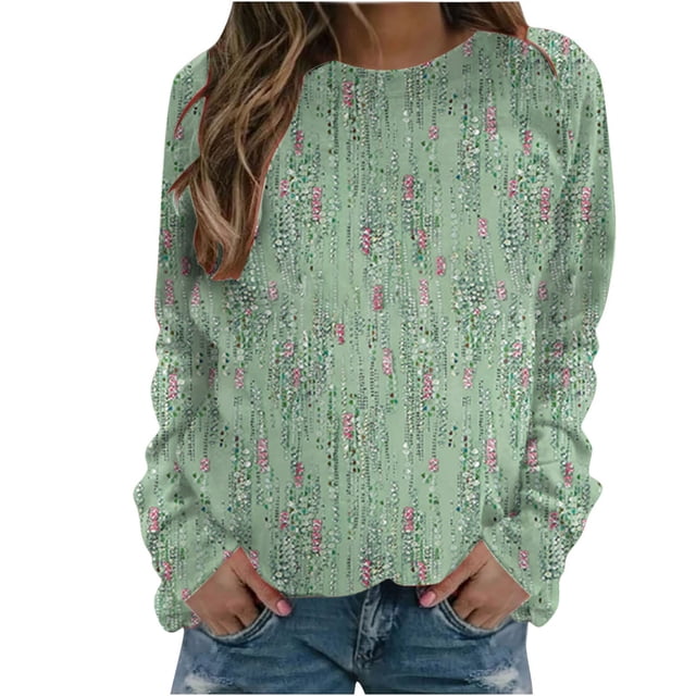 RKSTN Chandails à Manches Longues pour Femmes Mode à Imprimé Floral Décontracté Hauts à Manches Longues à Col Rond Coupe Ample Chandail Blouse