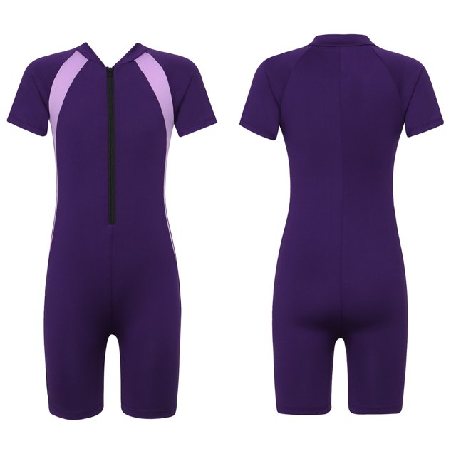 Aislor Kids Big Girls Zippered Swimsuit Swimwear Bathing Suit Rash Guard Shorty Sun Protection Wetsuit Purple 16