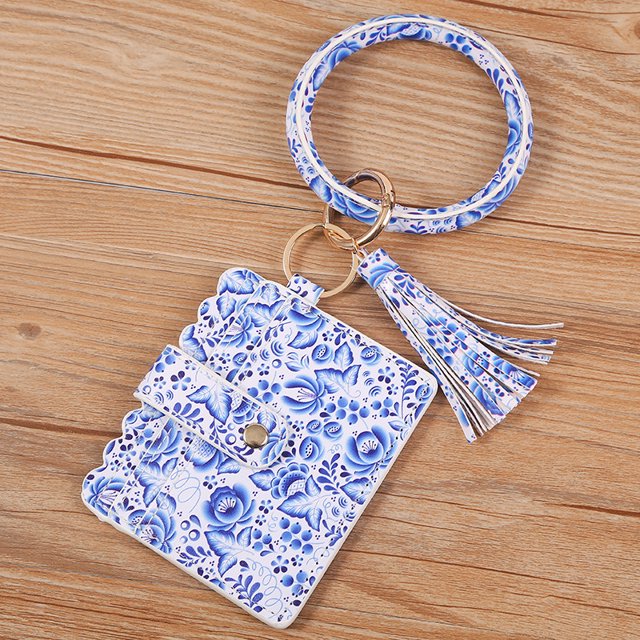 Wristlet Bracelet Keychain Circle Key Ring Pocket Credit Card Holder Circle Key Ring Tassel Keychains Bangle Purse for Women 33#