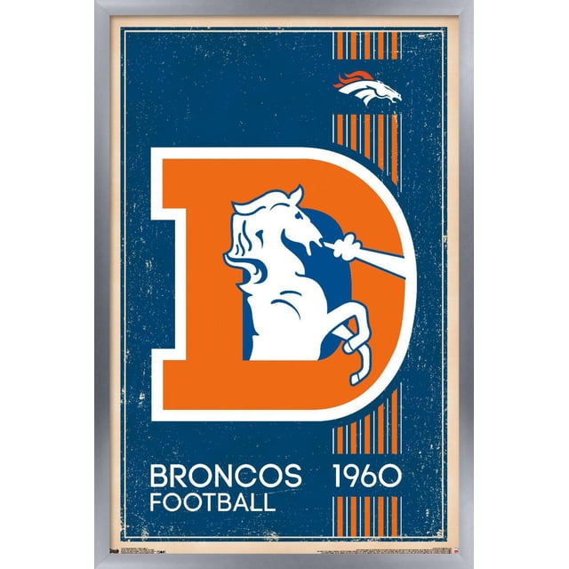 NFL Denver Broncos - Retro Logo 14 Wall Poster, 22.375" x 34" featuring a vintage orange letter D with a white bronco horse exhaling steam inside, set on a distressed dark blue background with vertical orange and white stripes, text 'BRONCOS FOOTBALL 1960' below, framed in silver. Ideal for sports fan room decor or party decoration.
