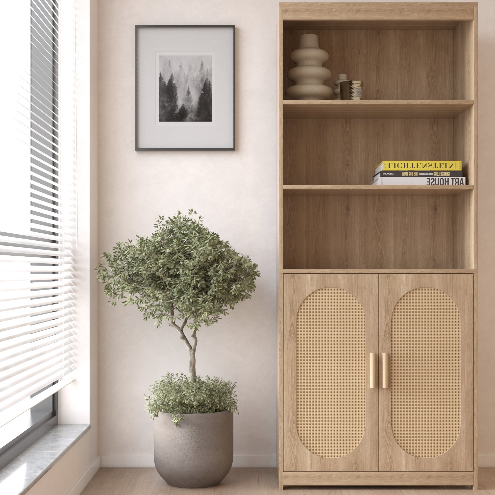 Ktaxon Bookcase, 71" H Bookshelf with Rattan Doors and Adjustable Shelf, Farmhouse Storage Cabinet for Bedroom, Office, Living Room, Study, Brown
