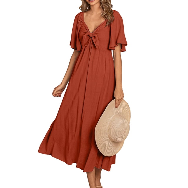 LOVZFMLL Women Fashion Summer-Neck Short Sleeve Solid Waist Dresses Red M