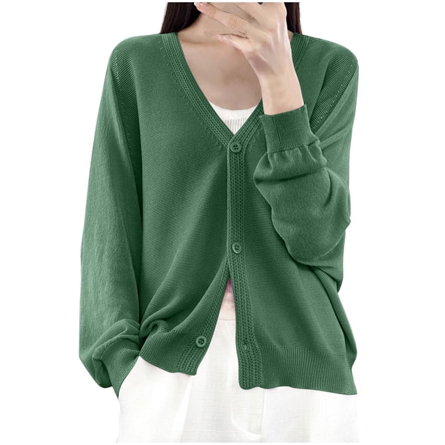 Womens Button Down Knit Cardigans Long Sleeve V Neck Casual Cardigan Sweaters in green, size M. This lightweight cardigan features a soft knit fabric, V-neckline, button-down front, long sleeves, and ribbed hem. Styled for fall, it pairs well with jeans, skirts, or dresses for casual or business looks.